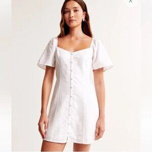 Linen-Blend Button-Through Mini Dress - White (Abercrombie)